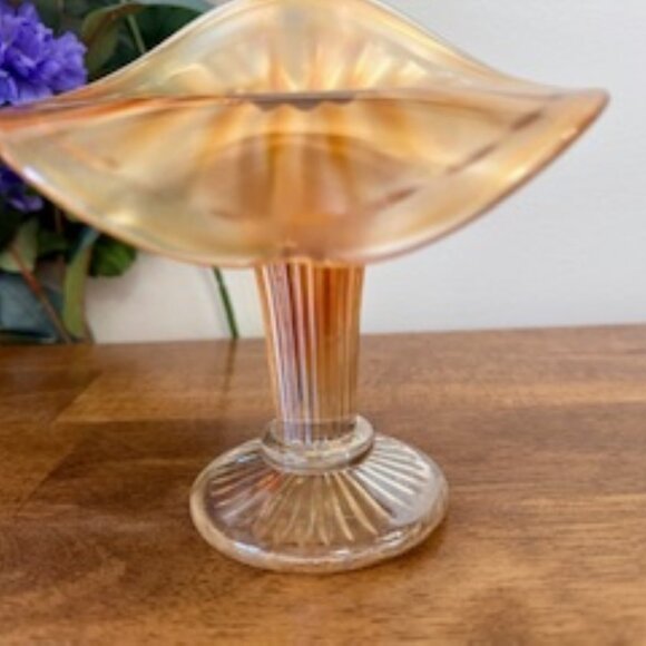 Fenton Fine Rib Footed Jack-in-the-Pulpit Carnival Glass Pedestal Bowl Marigold - Picture 2 of 4